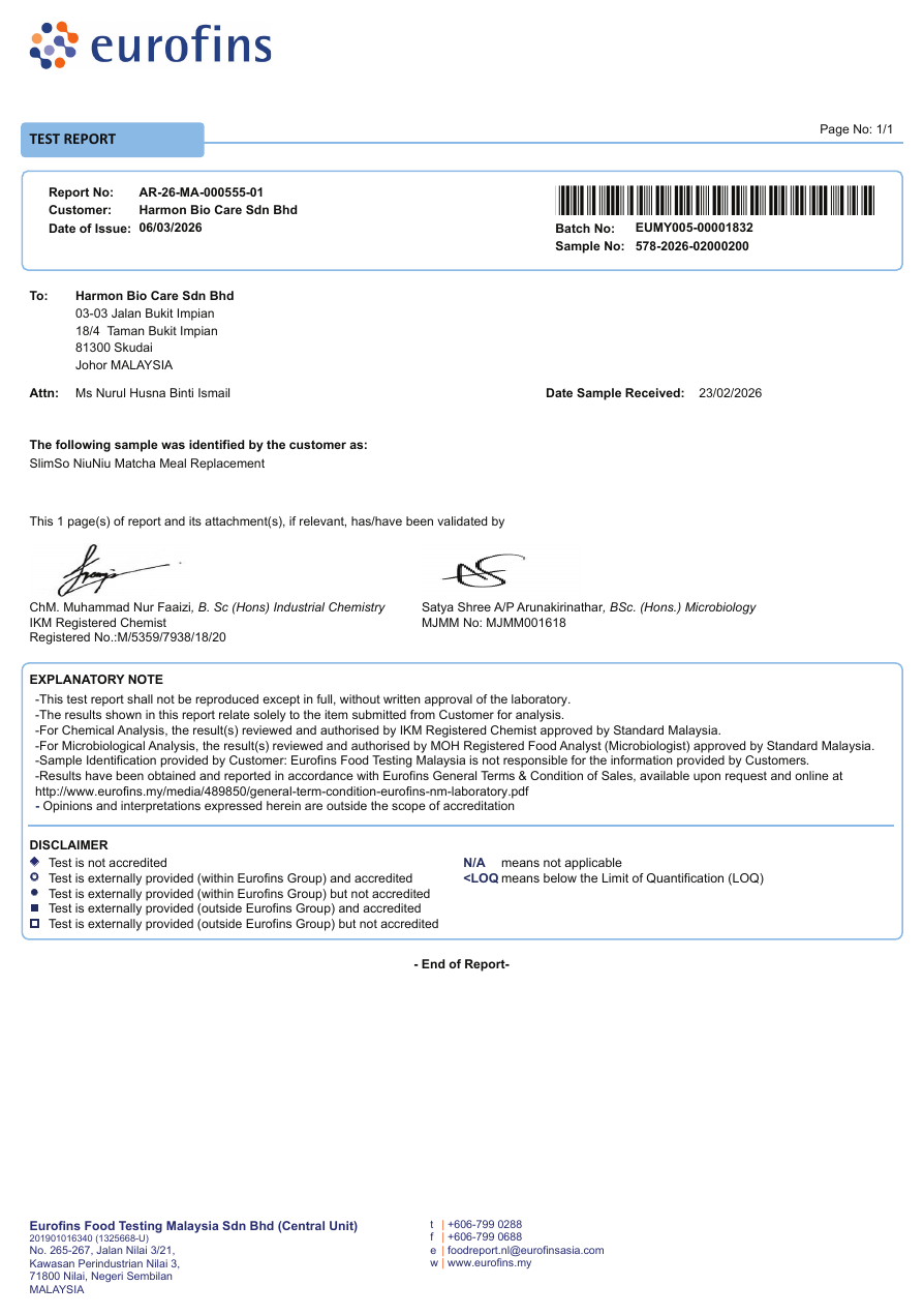Eurofins NiuNiu Matcha Meal Replacement document preview
