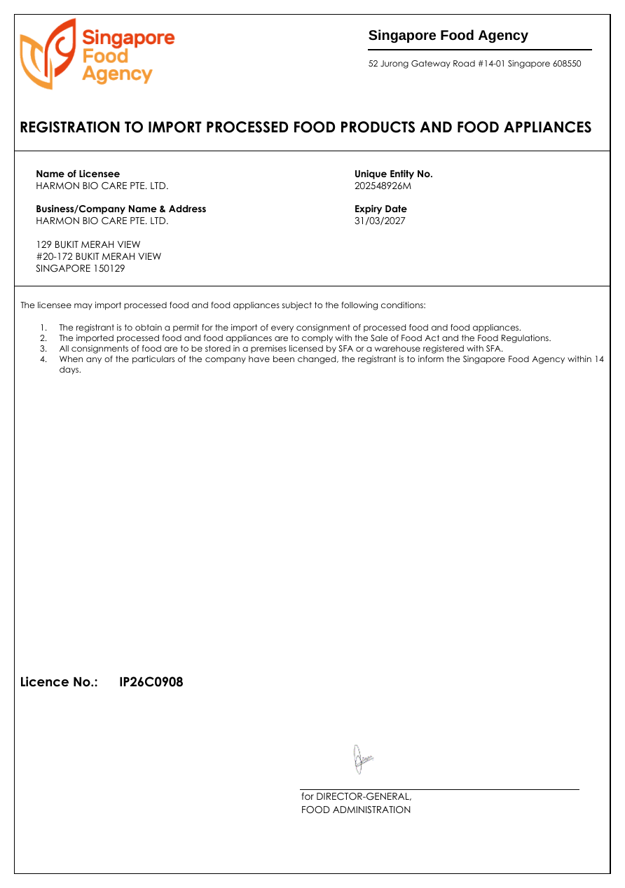Singapore SFA Importer Registration document preview