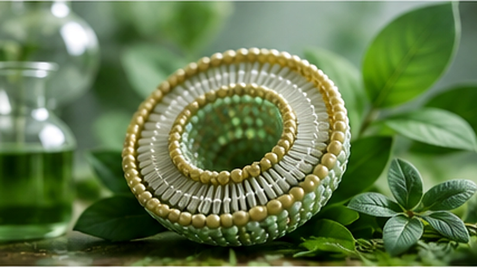 Abstract layered delivery sphere surrounded by botanical leaves