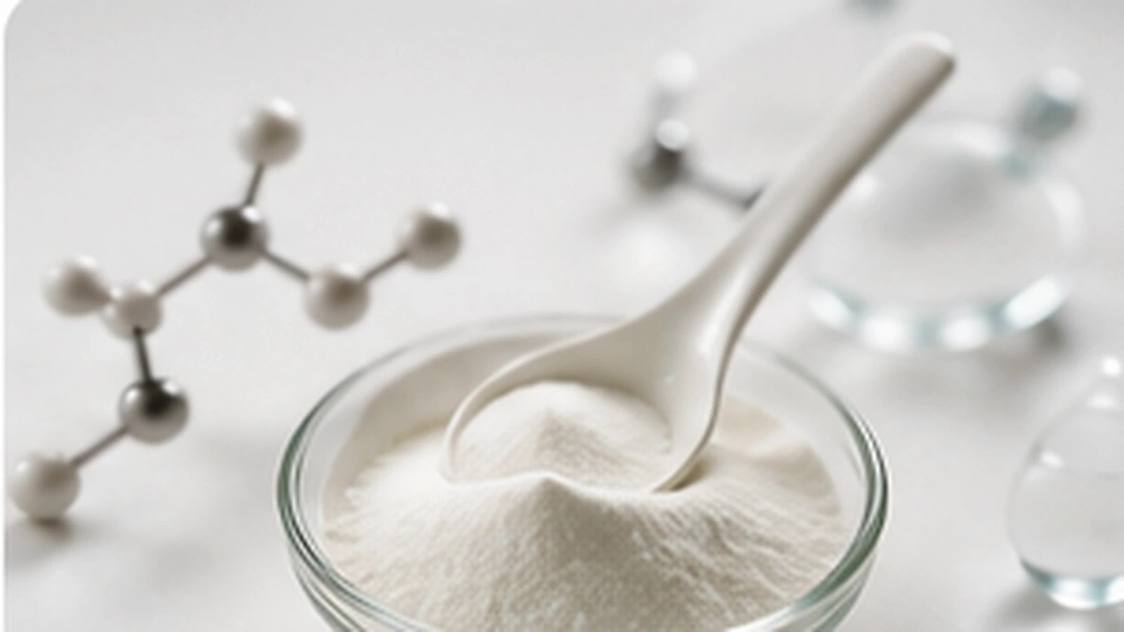 White ingredient powder presented in a glass bowl with an abstract molecular setting