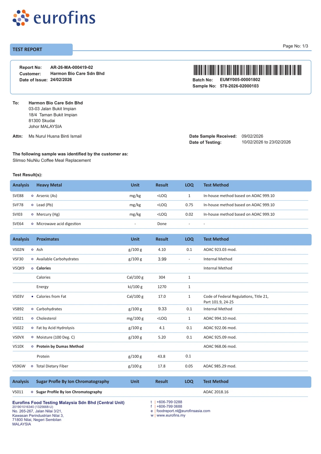 NiuNiu Coffee Eurofins Test Report