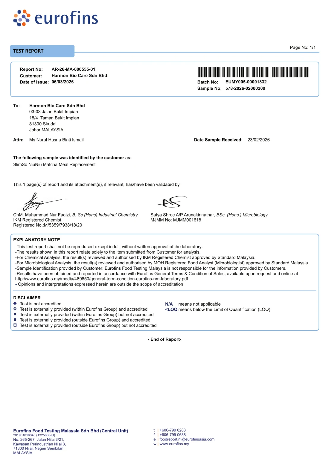 NiuNiu Matcha Eurofins Test Report