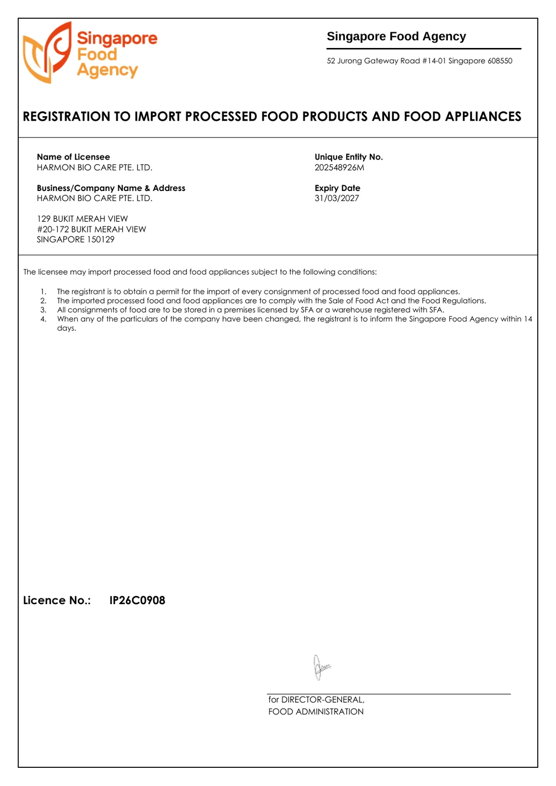 Singapore Food Agency Registration